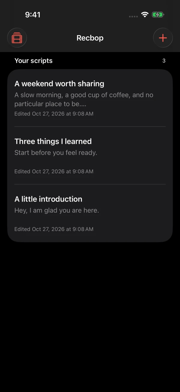 Recbop script library with three sample scripts, their previews, and edit dates.